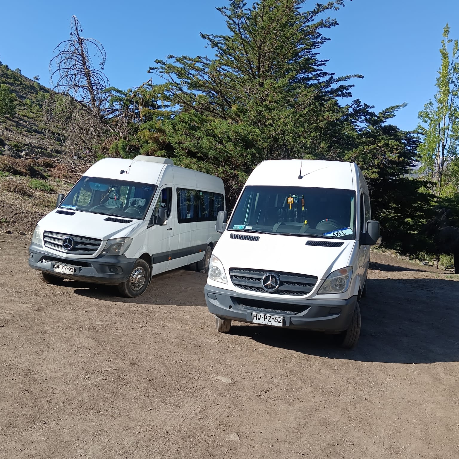 Dos minibuses blancos de la empresa en una ruta rodeada de naturaleza